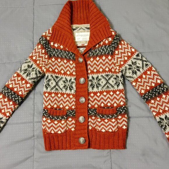 Aeropostale Snowflake Cardigan Winter Holiday Chunky Wool Blend Knit Sweater - Picture 4 of 6